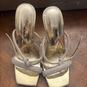 Fashion Nova Gold Stiletto Heels with Rhinestone Straps